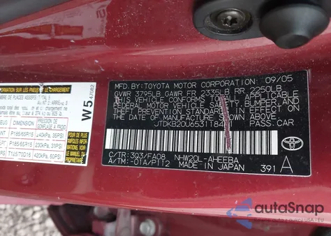 2005 Toyota Prius z USA, uszkodzony, nr VIN JTDKB20U653118481